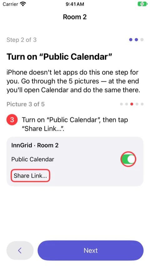 Wizard, step 2: picture 3 of 5 showing the Calendar app