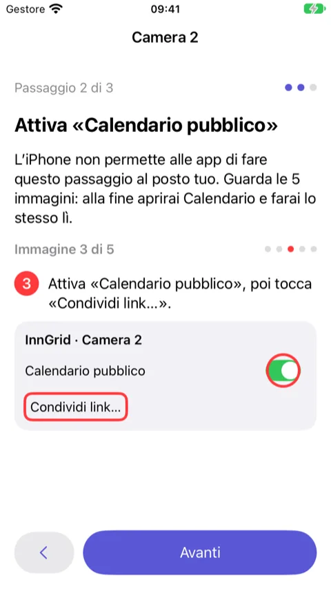 Procedura guidata, passaggio 2: immagine 3 di 5 che mostra l'app Calendario