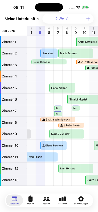 Der Belegungsplan: Zimmer an der Seite, Nächte oben, farbige Buchungsbalken.
