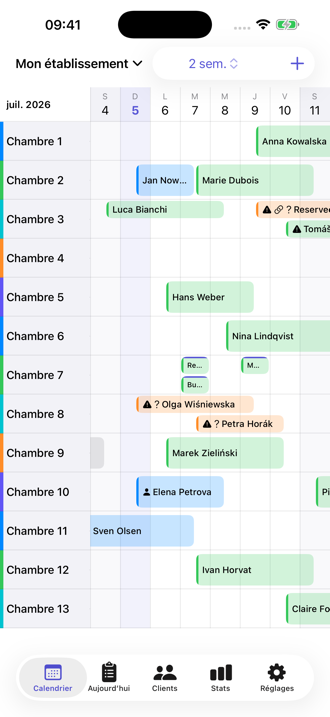 Le tableau d’occupation&nbsp;: chambres sur le côté, nuits en haut, barres de réservation colorées.