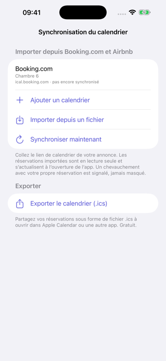 Synchronisation des calendriers&nbsp;: import des réservations Booking.com et Airbnb, export des vôtres en .ics.